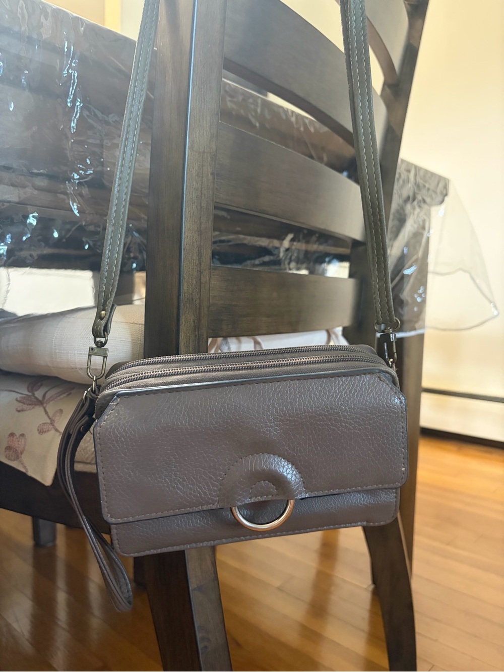 Women's Taupe Cross Body bag/wristlet option with Ring Accent